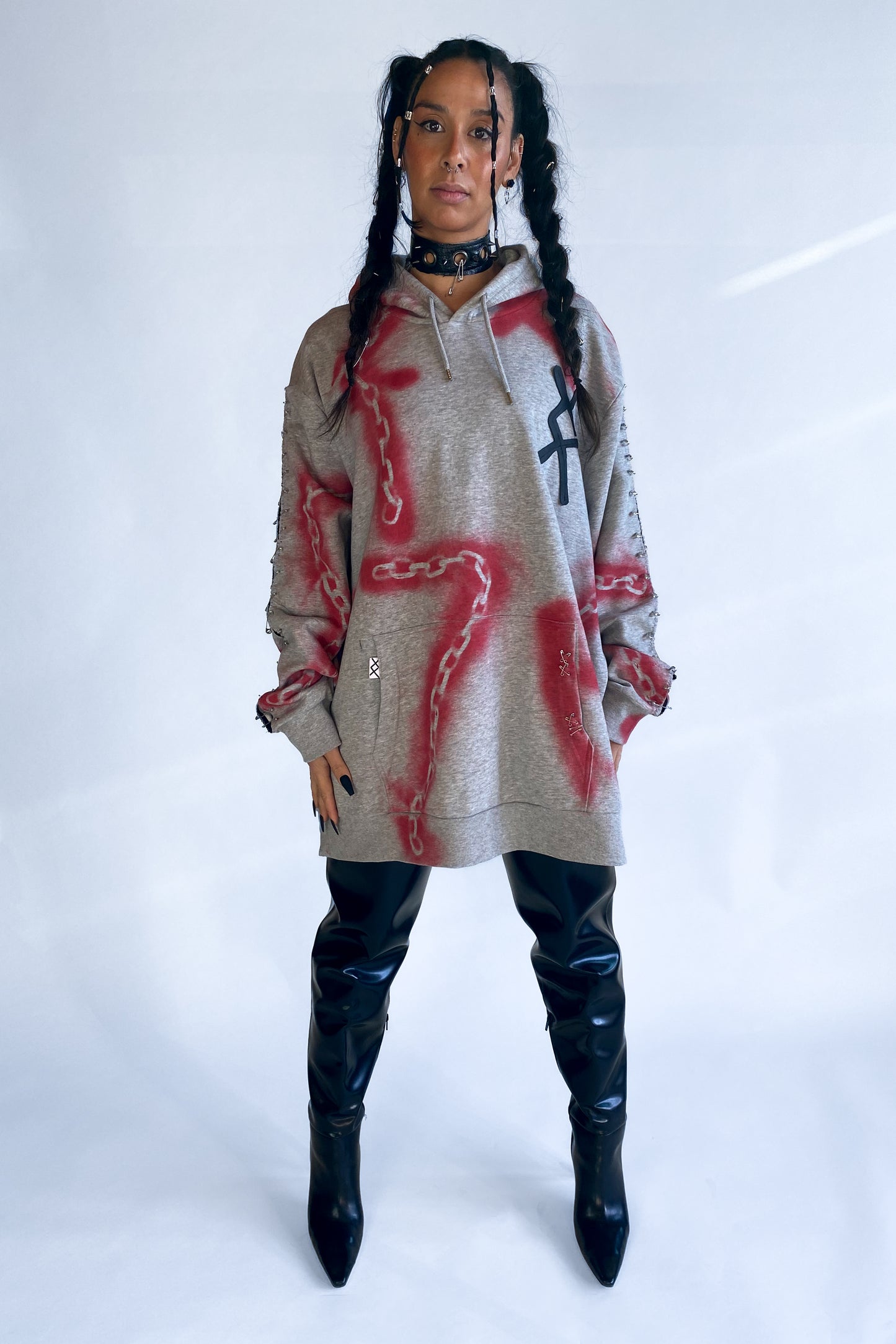 "Don't get chained up" Upcycled Deadstock Grey/red Hoodie