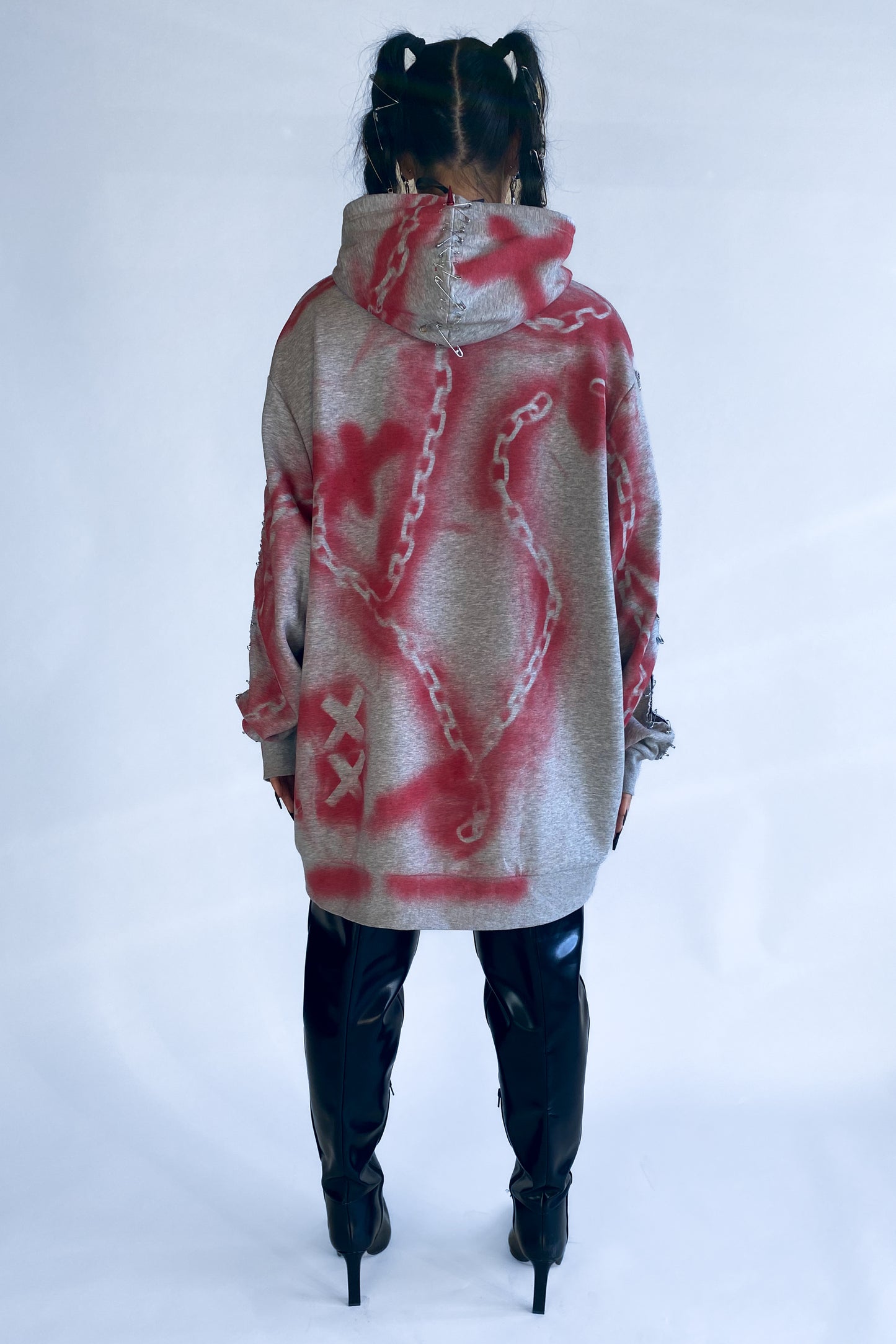"Don't get chained up" Upcycled Deadstock Grey/red Hoodie