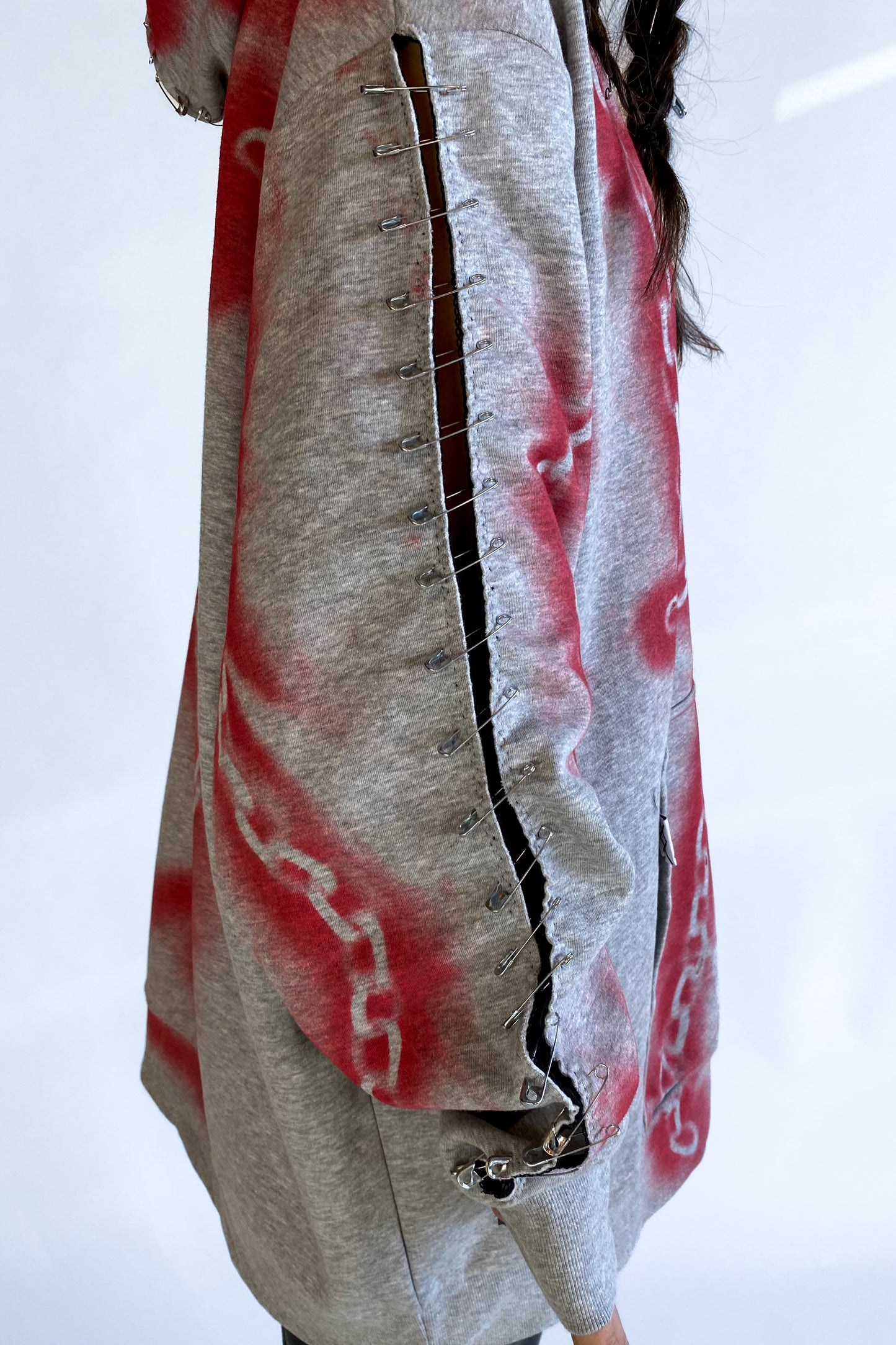 "Don't get chained up" Upcycled Deadstock Grey/red Hoodie