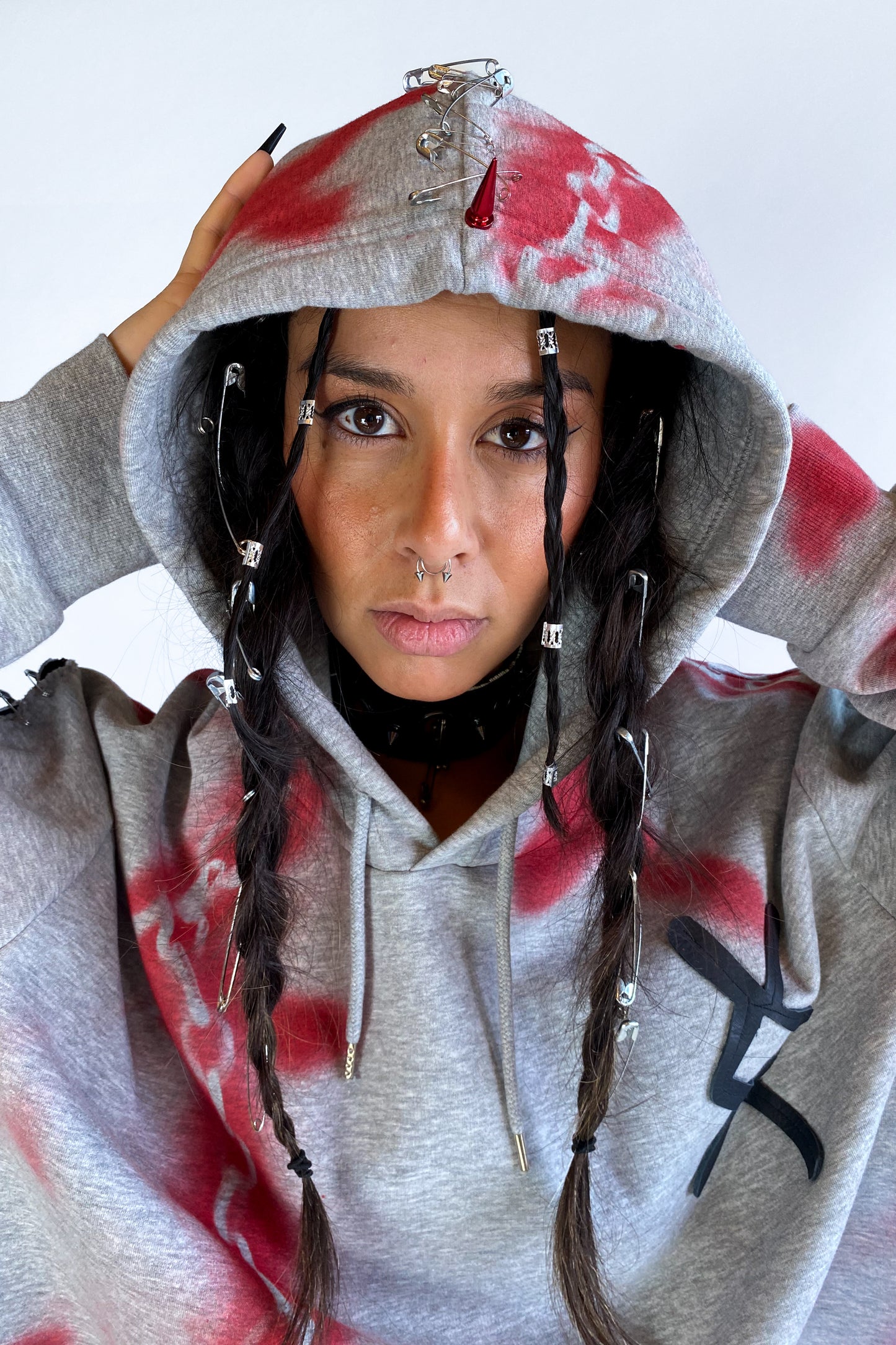 "Don't get chained up" Upcycled Deadstock Grey/red Hoodie