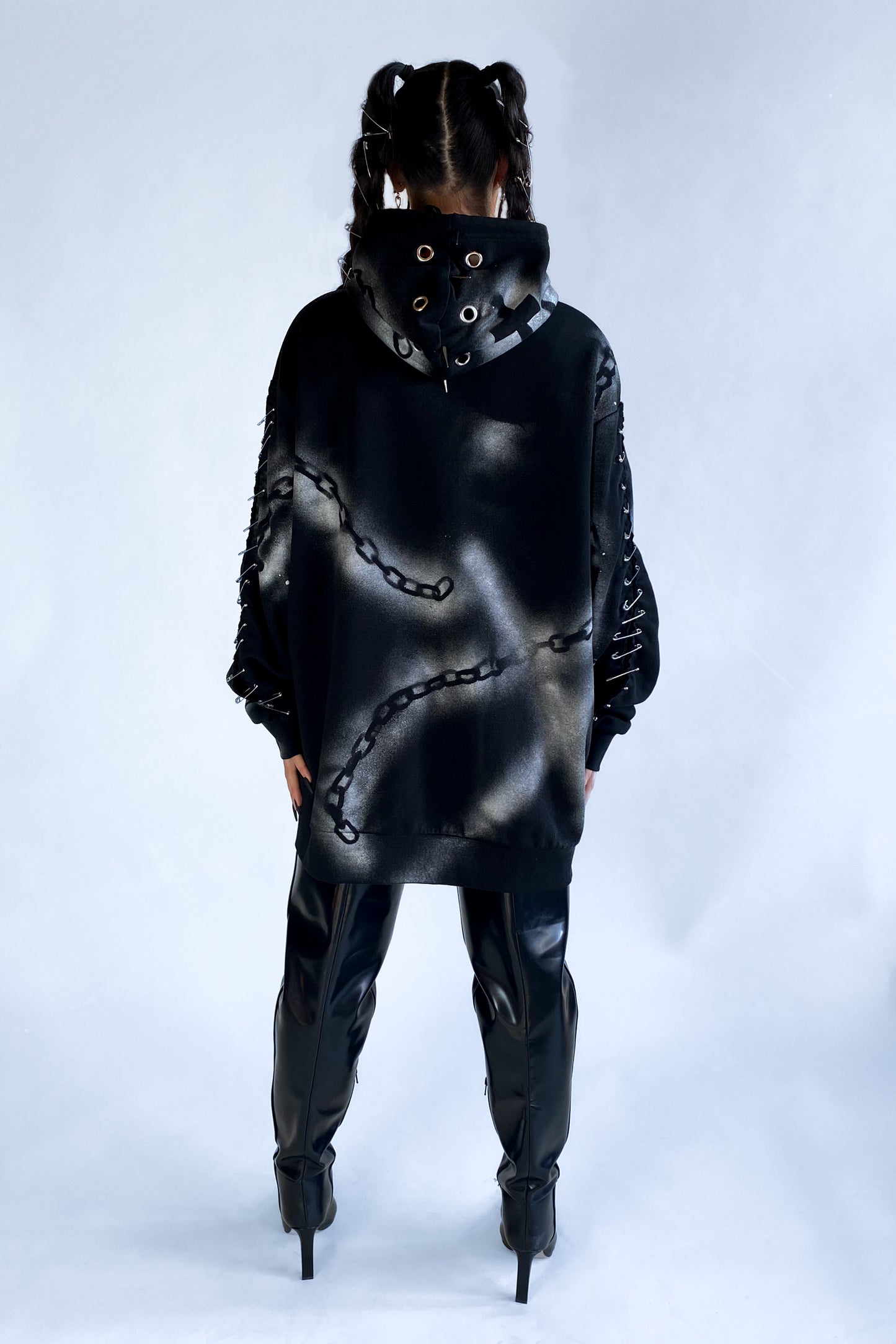 "Don't get chained up" Upcycled Deadstock Black/silver Hoodie