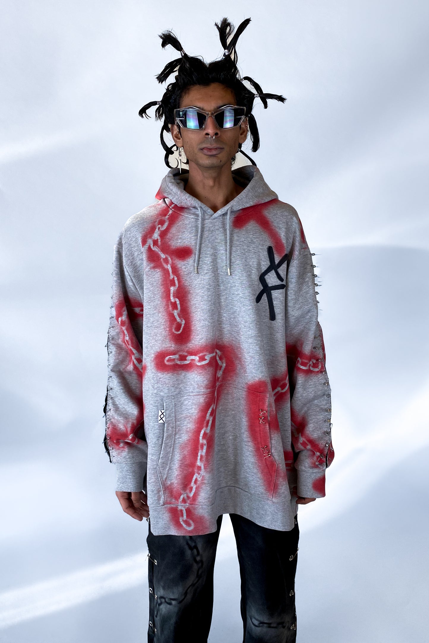 "Don't get chained up" Upcycled Deadstock Grey/red Hoodie|
