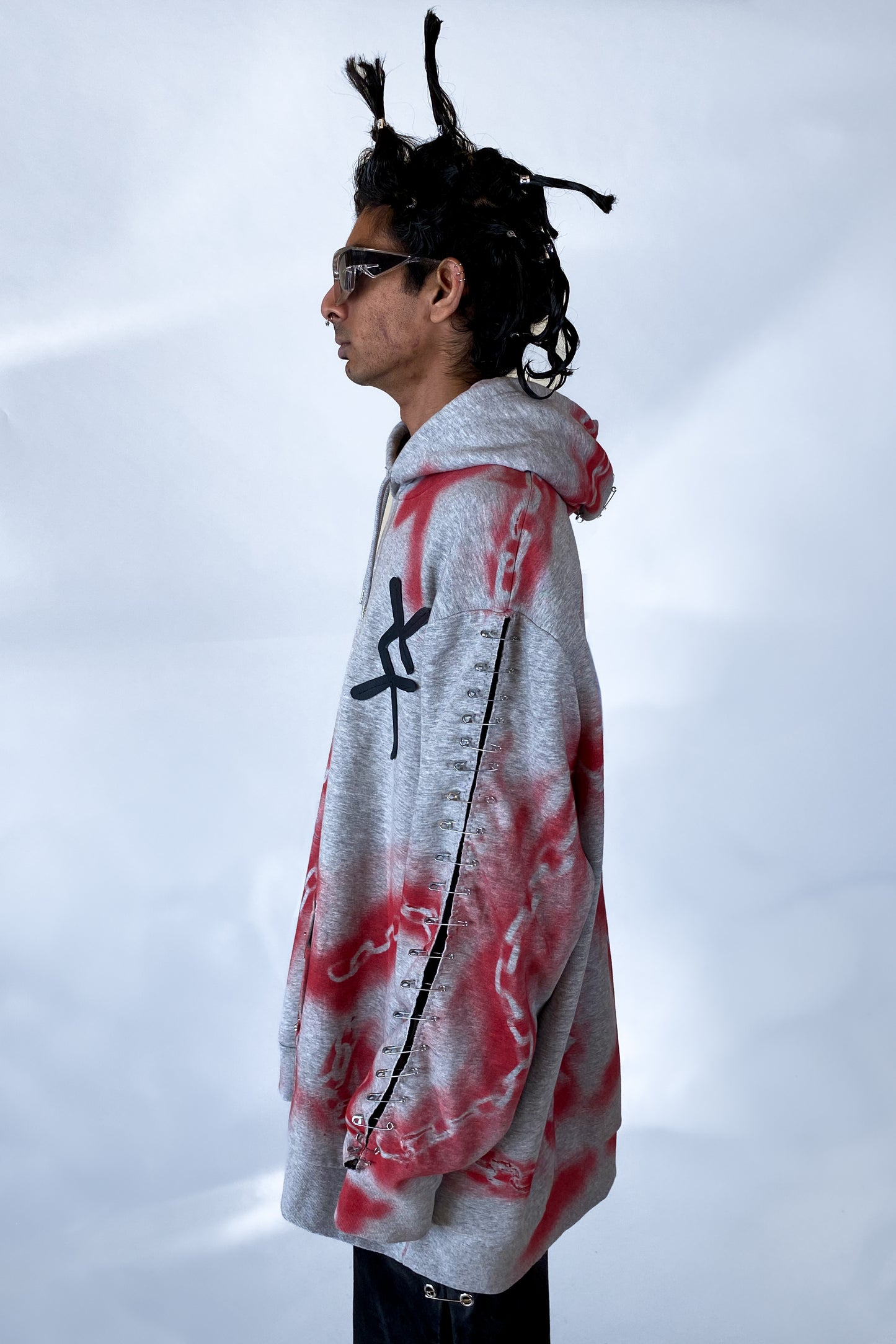 "Don't get chained up" Upcycled Deadstock Grey/red Hoodie|