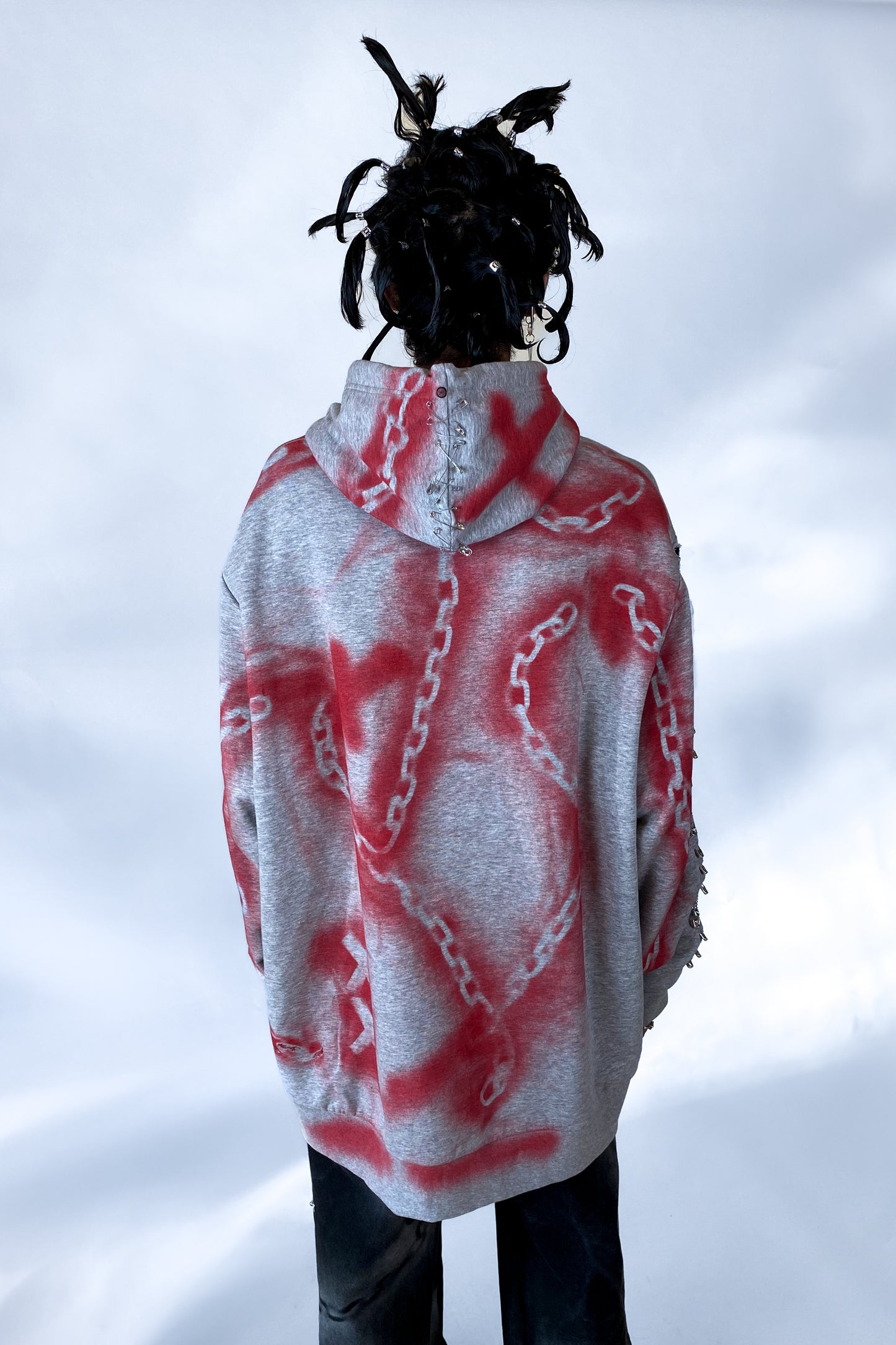 "Don't get chained up" Upcycled Deadstock Grey/red Hoodie|