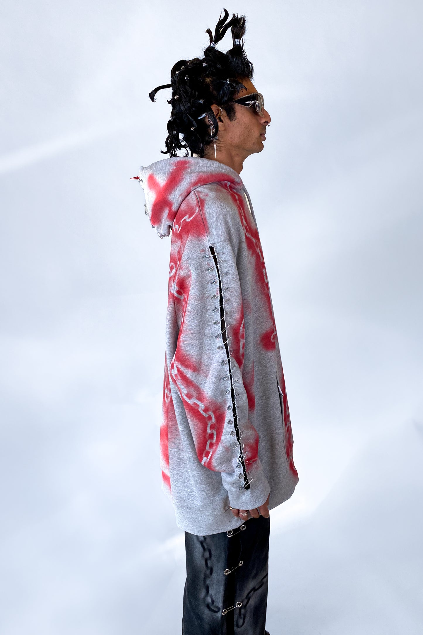 "Don't get chained up" Upcycled Deadstock Grey/red Hoodie|