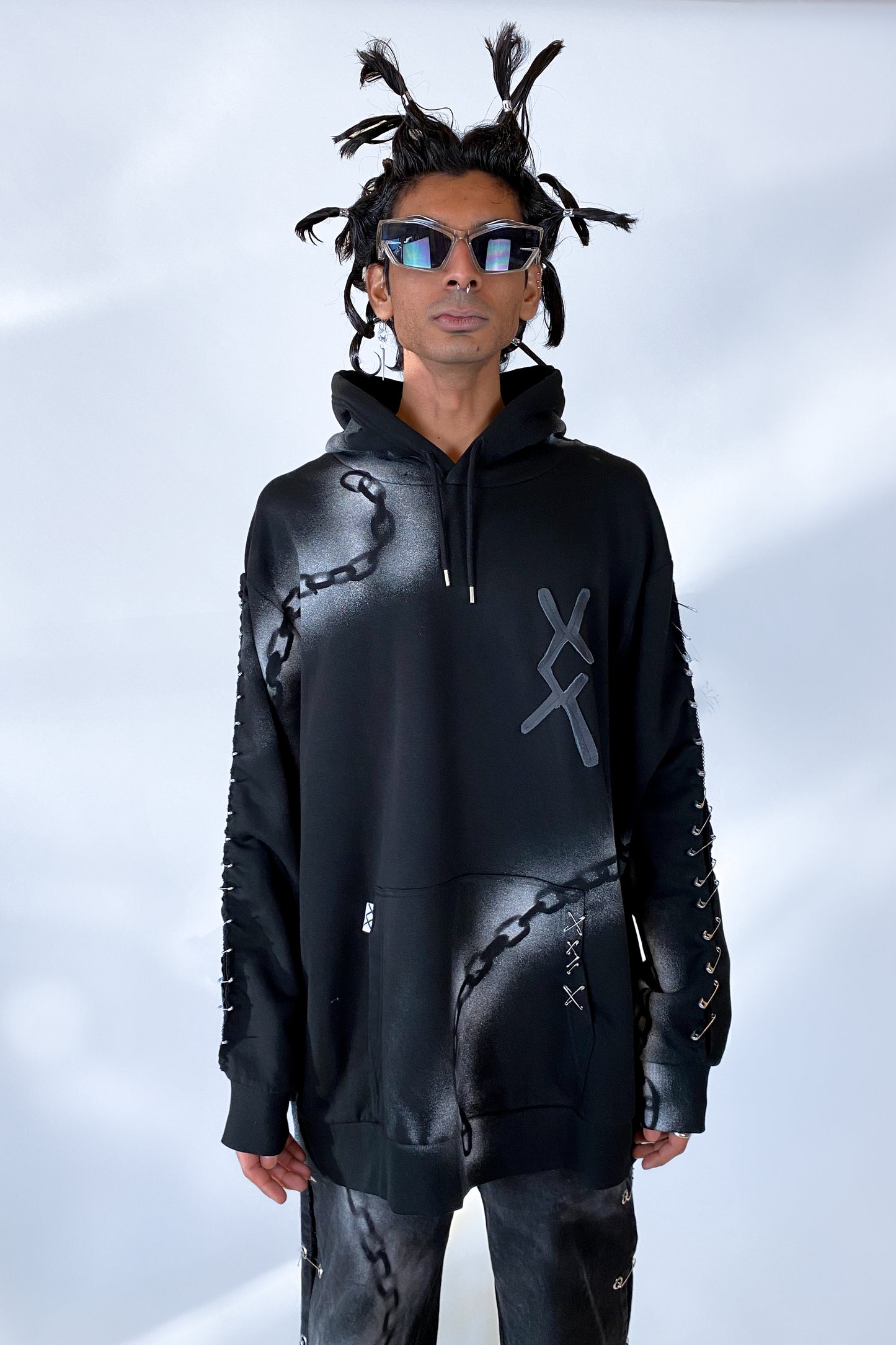"Don't get chained up" Upcycled Deadstock Black/silver Hoodie