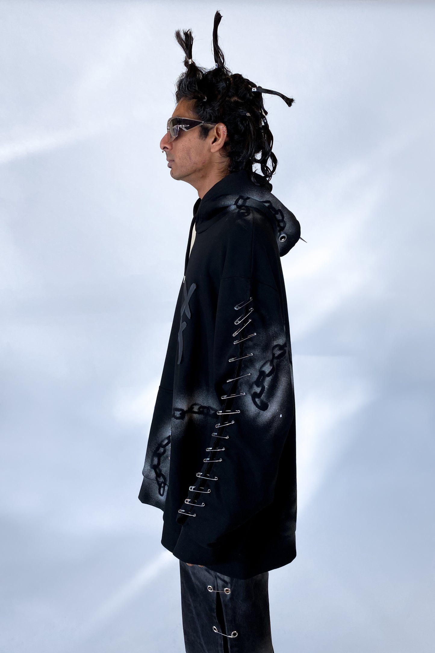 "Don't get chained up" Upcycled Deadstock Black/silver Hoodie