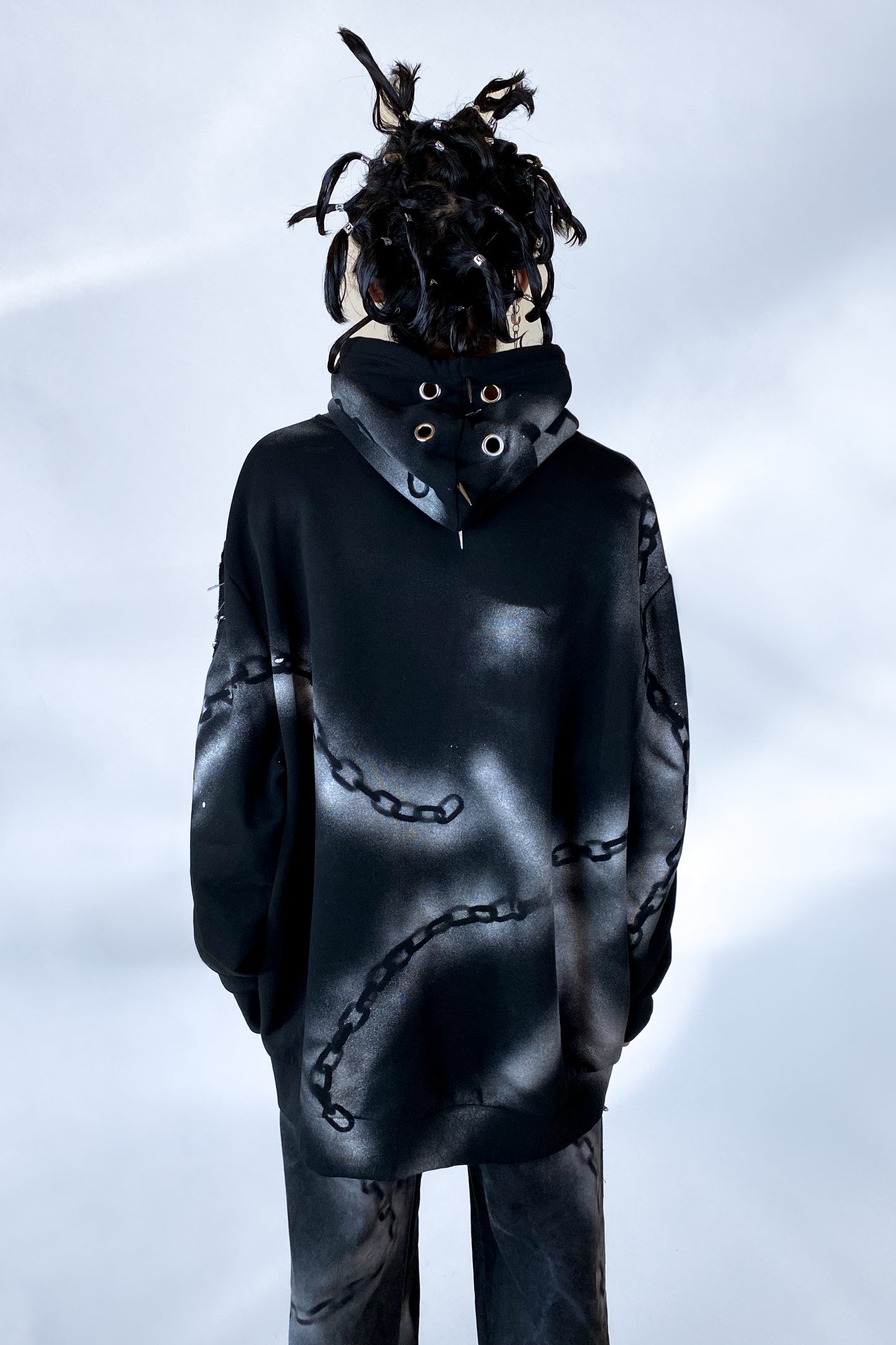 "Don't get chained up" Upcycled Deadstock Black/silver Hoodie