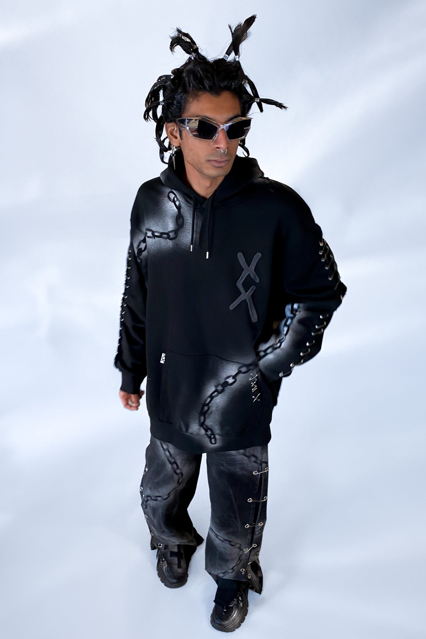 "Don't get chained up" Upcycled Deadstock Black/silver Hoodie