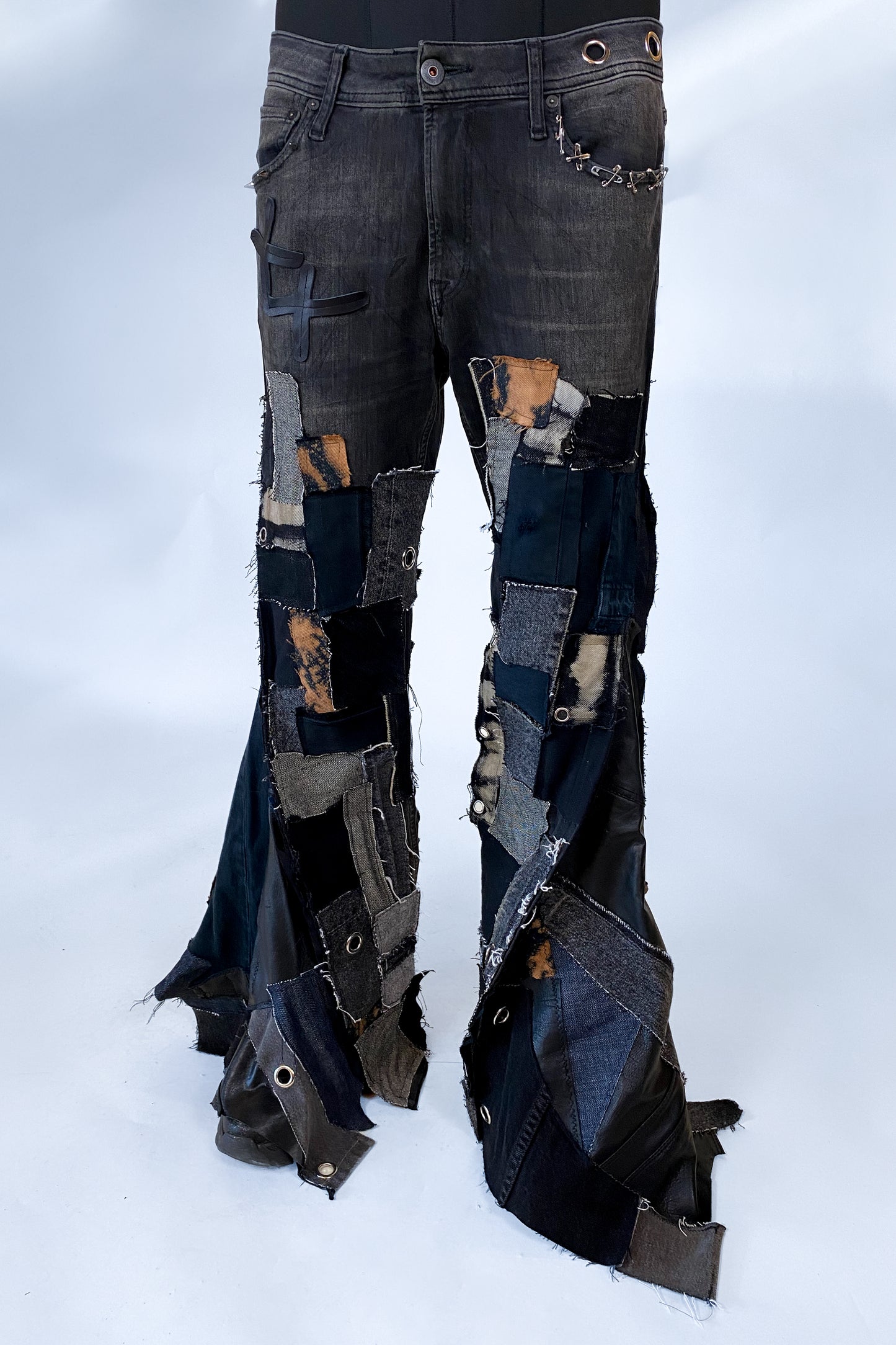 “Rebel Patchwork” Stretch Wide Flare Jeans