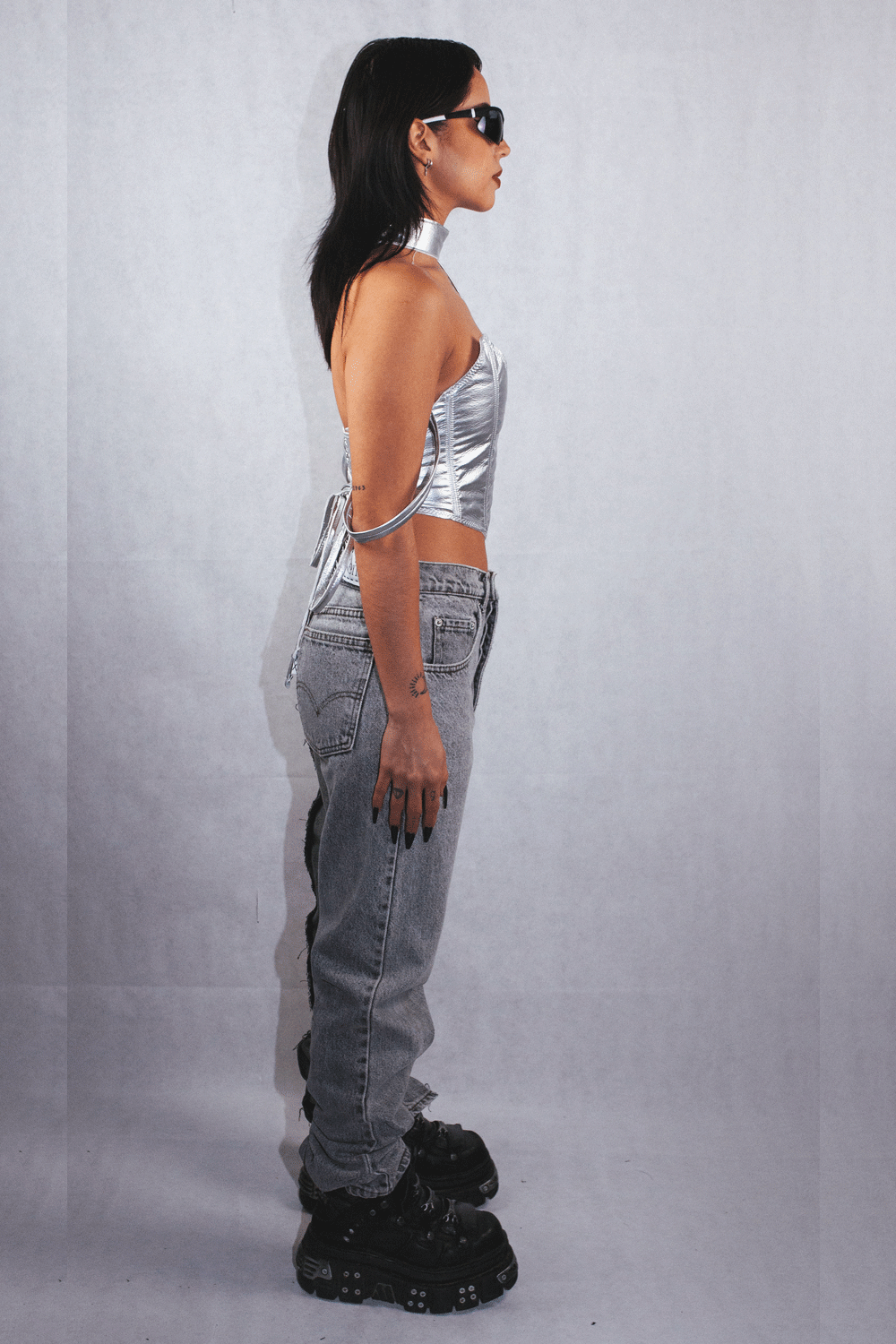 "MOVE" Upcycled Asymmetrical Lace-up Jeans