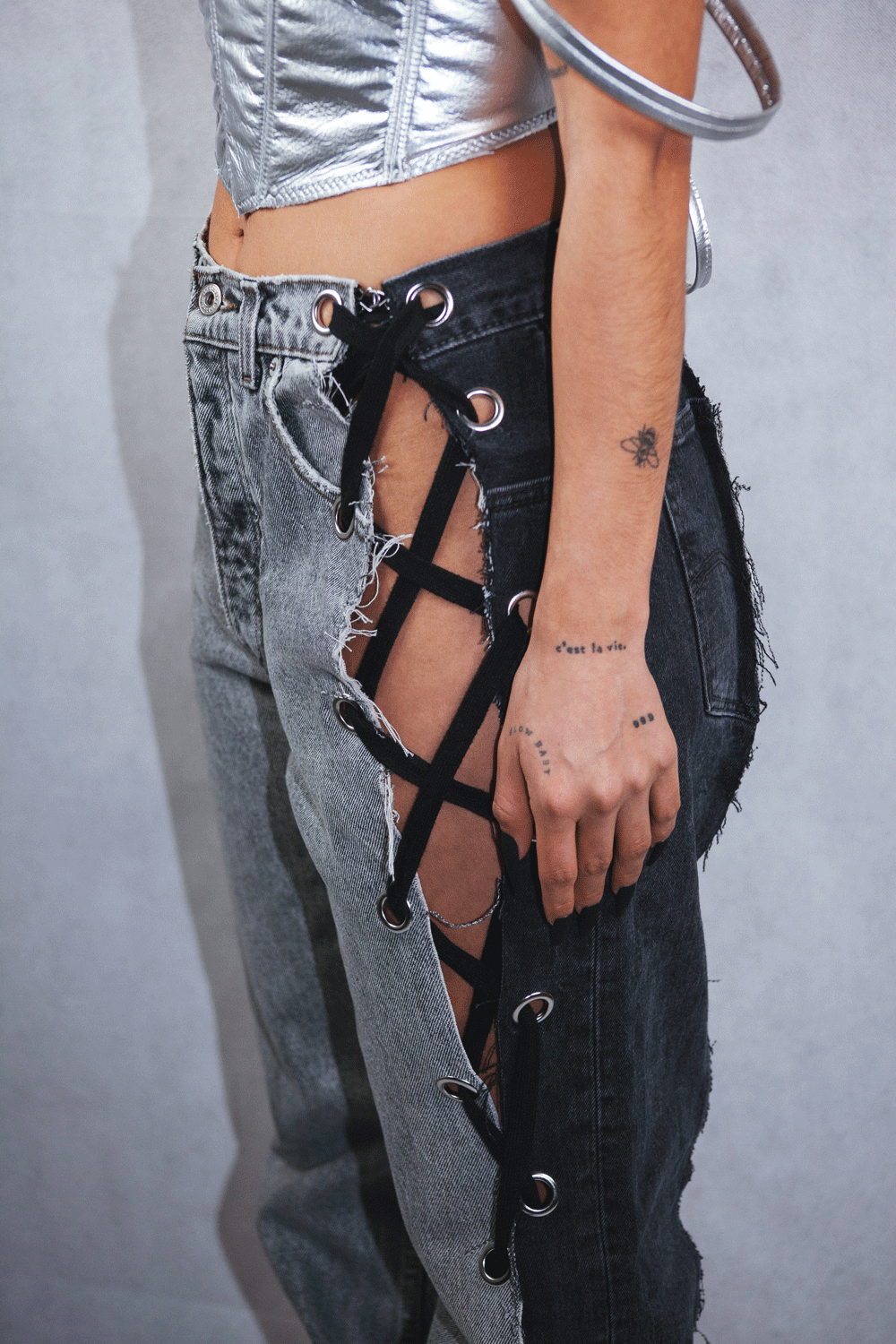 "MOVE" Upcycled Asymmetrical Lace-up Jeans