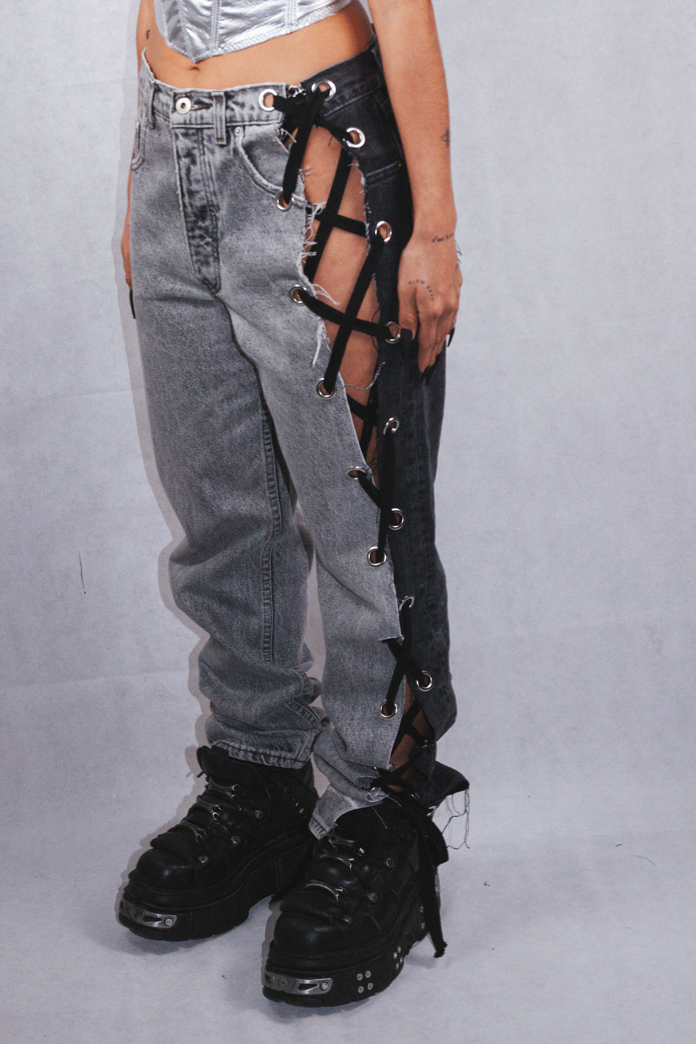 "MOVE" Upcycled Asymmetrical Lace-up Jeans