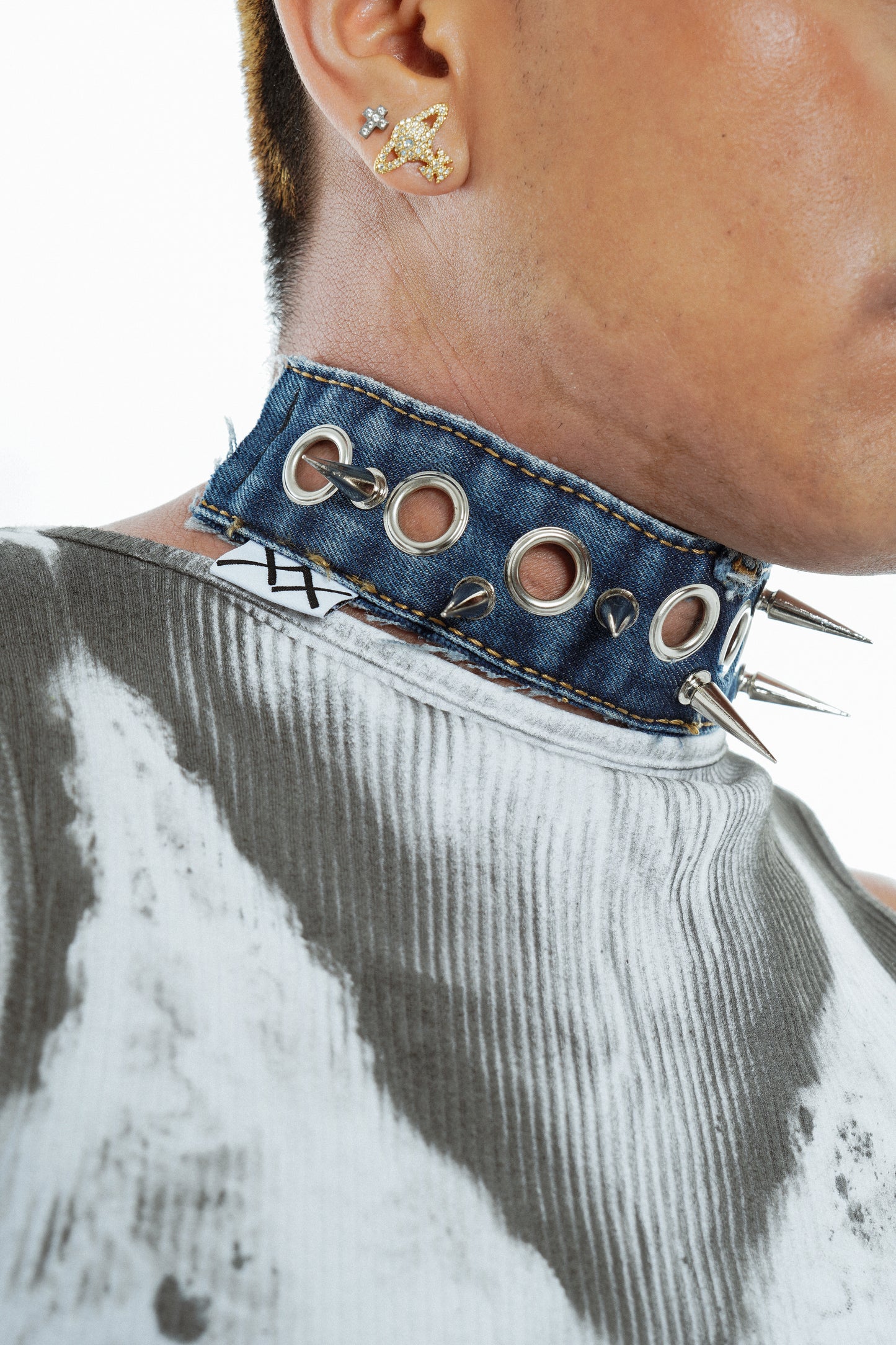 Mirror Spiked Denim Choker