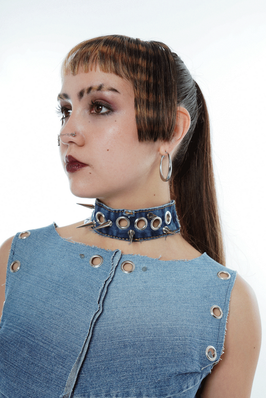 Mirror Spiked Denim Choker